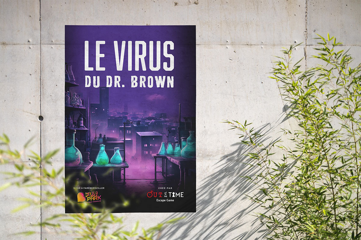 Affiche de la nouvelle salle d'Escape Game créé par Out of Time au B'fun Park : le virus du Dr Brown